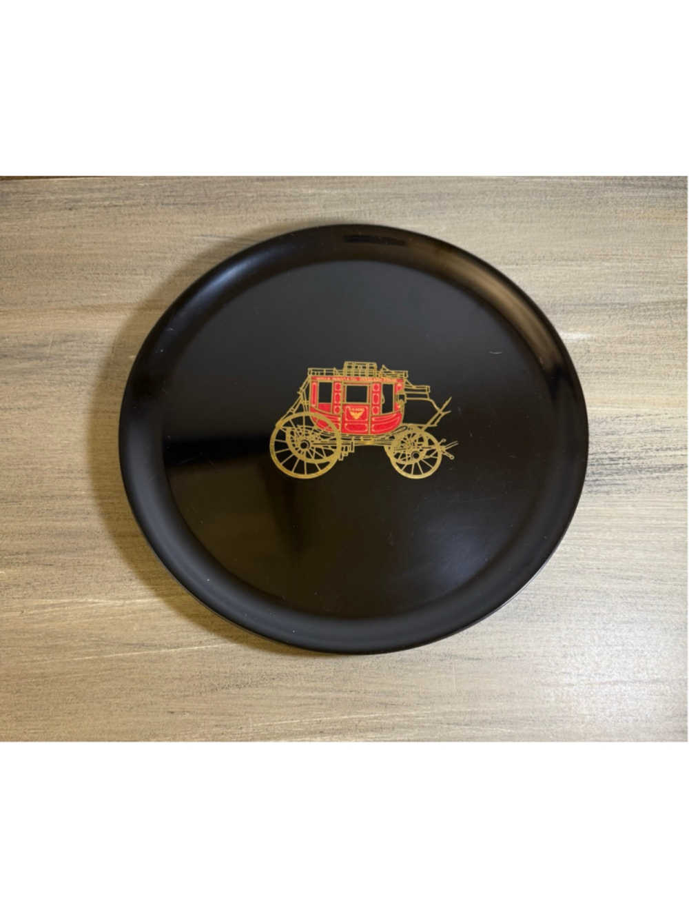 Vtg Couroc of Monterey black inlaid serving tray Wells Fargo & Co. Stagecoach